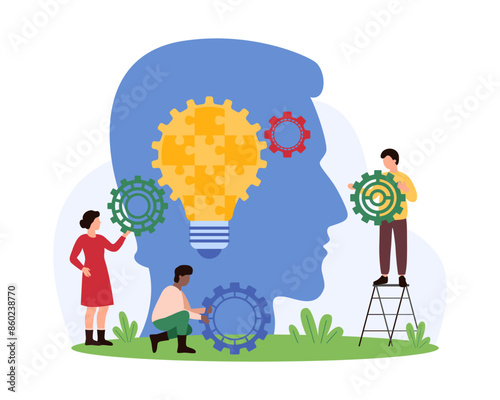 Innovation business solution, brainstorm progress on creative idea, insight. Tiny people holding gears at silhouette of entrepreneurs head with puzzle light bulb inside cartoon vector illustration