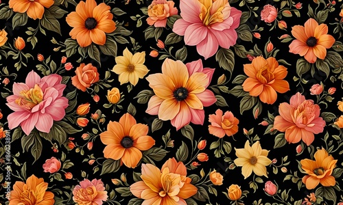 Wallpaper representing a floral pattern in pink, orange, yellow colors. Decorative and coherent scene