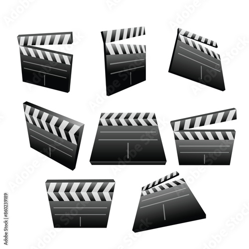 Set of black movie clappers board collection, Clapboards open and closed. Movie, cinema, film symbol concept. Director blackboard. Filmmaking, video production industry equipment. Vector illustration.