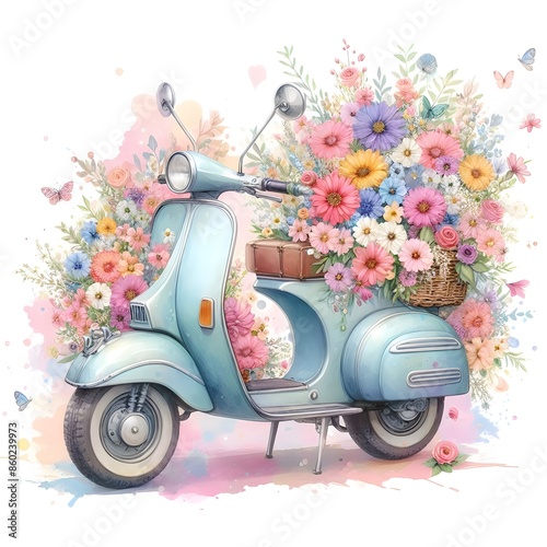 Fototapeta Naklejka Na Ścianę i Meble -  Cute moto with flowers watercolor paint