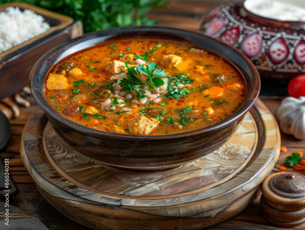 Hearty Soup on Wooden Table with Kitchen Decor Generative AI Hearty Soup on Wooden Table with Kitchen Decor Generative AI