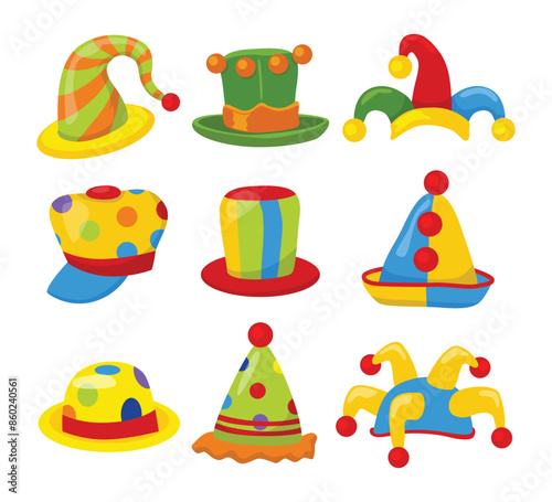 Set of colorful clown hat collection, Multicolored harlequin, jester hat with bells, Symbol of carnival, holiday, entertainment, Clown cap with golden bells isolated on white background.