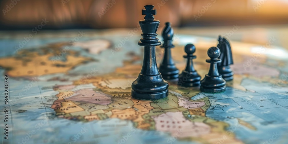 Chess pieces strategically positioned on a world map banner symbolizing global economic strategy Chess pieces strategically positioned on a world map banner symbolizing global economic strategy