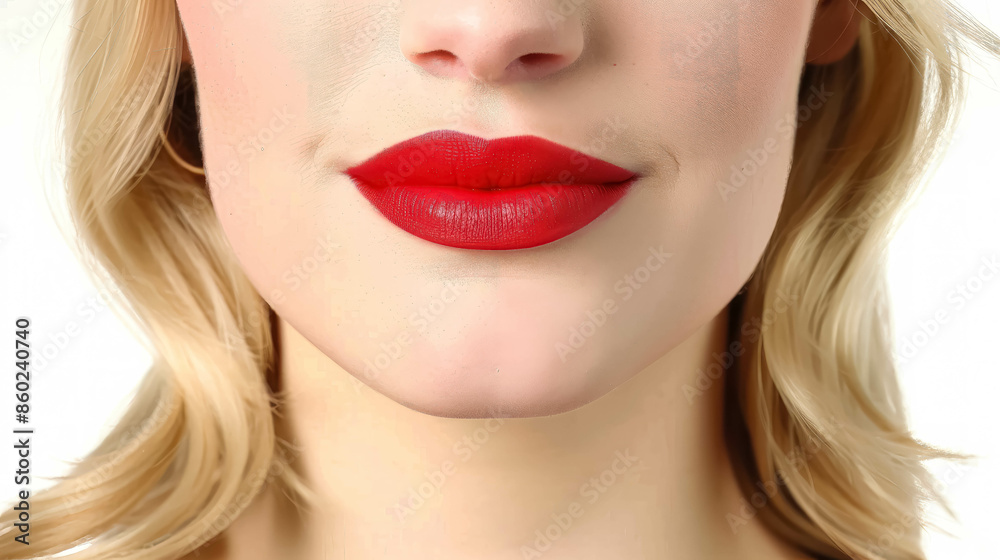 Close Up View Of A Mouth Of A Blonde Woman With A Classic Red Lipstick, Cosmetic And Fashion Background Close Up View Of A Mouth Of A Blonde Woman With A Classic Red Lipstick, Cosmetic And Fashion Background