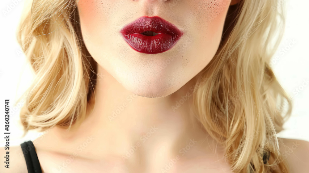 Close Up View Of A Mouth Of A Blonde Woman With A Deep Burgundy Lipstick, Cosmetic And Fashion Background Close Up View Of A Mouth Of A Blonde Woman With A Deep Burgundy Lipstick, Cosmetic And Fashion Background