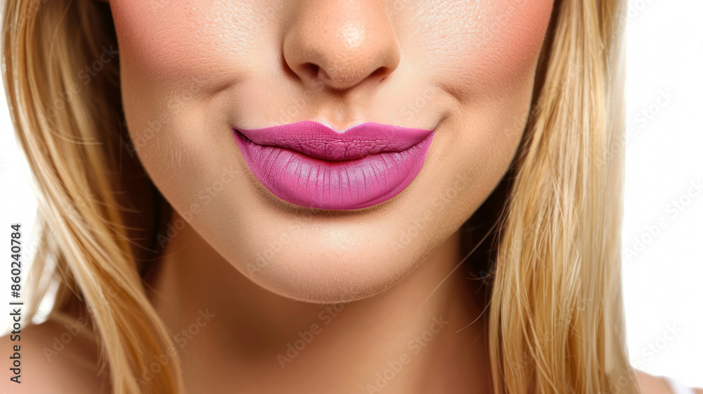 Close Up View Of A Mouth Of A Blonde Woman With A Lilac Purple Lipstick, Cosmetic And Fashion Background Close Up View Of A Mouth Of A Blonde Woman With A Lilac Purple Lipstick, Cosmetic And Fashion Background