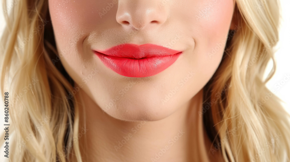 Close Up View Of A Mouth Of A Blonde Woman With A Vibrant Coral Lipstick, Cosmetic And Fashion Background Close Up View Of A Mouth Of A Blonde Woman With A Vibrant Coral Lipstick, Cosmetic And Fashion Background