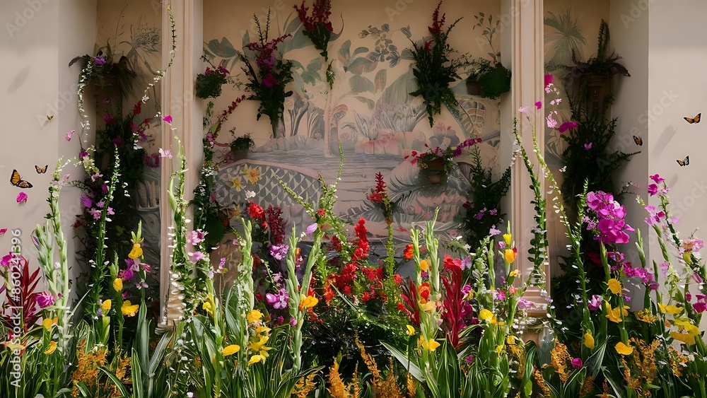 Fototapeta premium Beautiful wall with flowers and plants toned