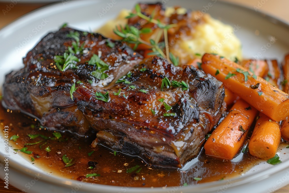 A beautifully plated dish of braised lamb shank, served with a side of creamy polenta and roasted carrots. A beautifully plated dish of braised lamb shank, served with a side of creamy polenta and roasted carrots.