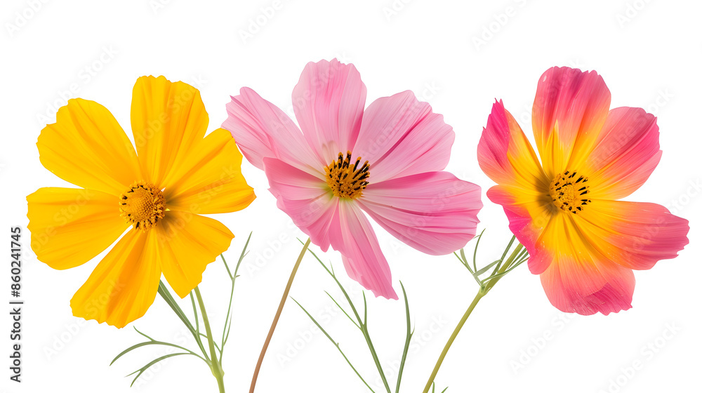 Orange pink and yellow cosmos flowers are bloom on a white background : Generative AI Orange pink and yellow cosmos flowers are bloom on a white background : Generative AI