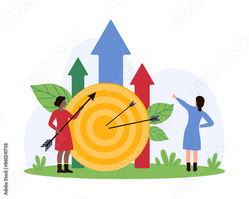 Achievement of business goal, direction to financial development and success strategy of company. Tiny people holding arrow to hit accuracy center of target circle cartoon vector illustration