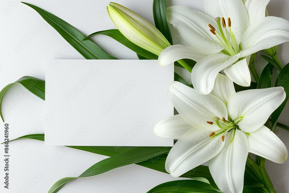 Obraz premium White lilies with leaves and blank card on white background, perfect for greeting cards or nature-themed designs.