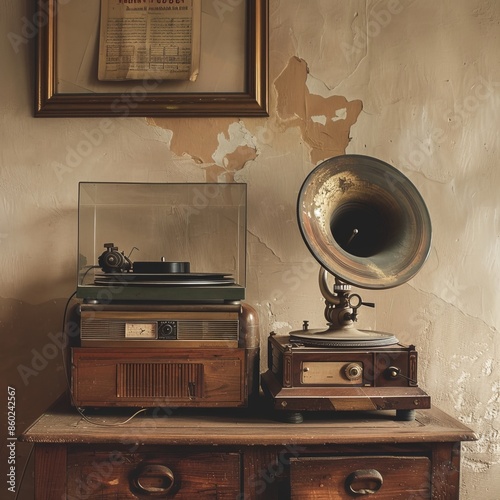 Old gramophone with wooden box isolated on white background. Generative AI