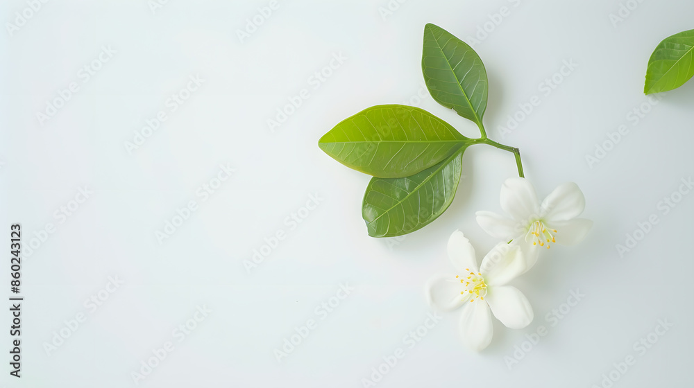 Fototapeta premium Jasmine flower with green leaf on white background top view flat lay : Generative AI
