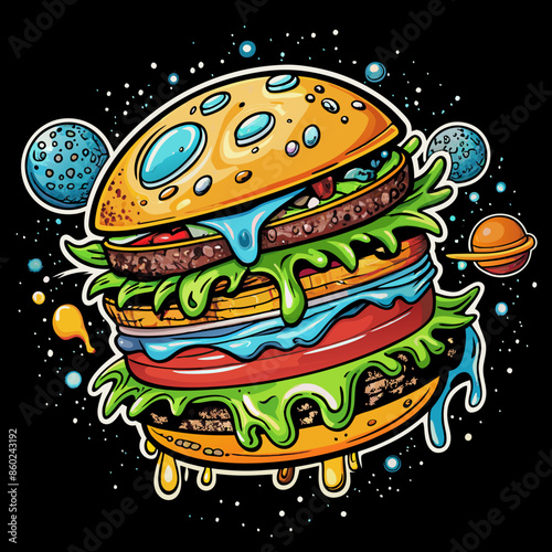 T-shirt art design, delicious cheeseburger out of space, extremely high, abstract graphic design, worn paint, dripping ink on flat black background, sticker