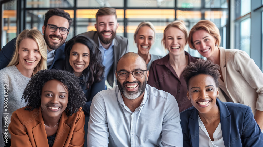 A group portrait of diverse and multiracial business team posing together in a modern office, showcasing unity and collaboration A group portrait of diverse and multiracial business team posing together in a modern office, showcasing unity and collaboration