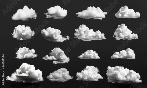 Set of a different white fluffy clouds, isolated on a black background