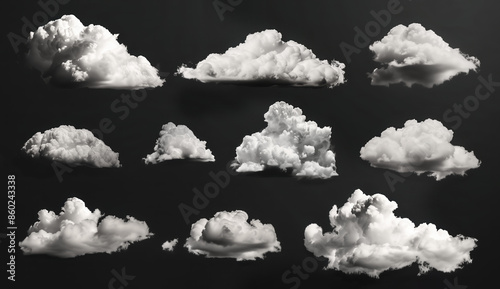 Set of a different white fluffy clouds, isolated on a black background