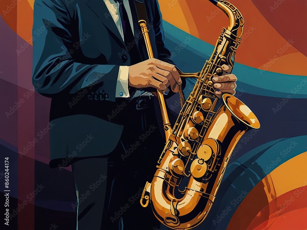 Fototapeta premium Jazz music background poster band instrument concert piano art abstract. Background jazz saxophone music flyer illustration design party festival singer orchestra player musician fest banner