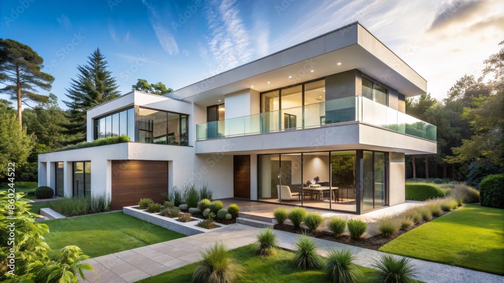 Modern white home with clean lines, large windows, and lush greenery, perfectly capturing contemporary residential architecture and scenic surroundings. Modern white home with clean lines, large windows, and lush greenery, perfectly capturing contemporary residential architecture and scenic surroundings.