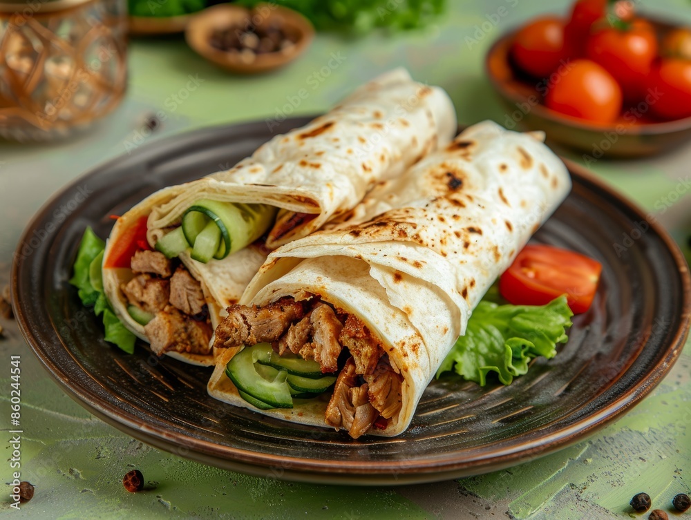 Savory Shawarma Roll on a Plate, Kitchen Delight Generative AI Savory Shawarma Roll on a Plate, Kitchen Delight Generative AI