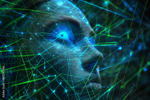 The face of artificial intelligence is depicted in an ultra-high-definition image, with a blue light emanating from its eyes and green lines in the background, reminiscent of futuristic contraptions photo