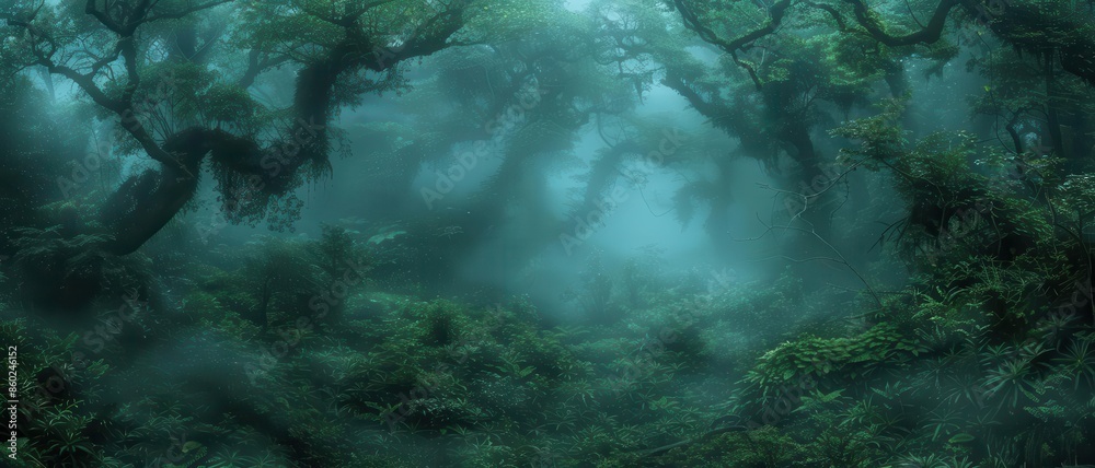 Fototapeta premium Mysterious ancient forests shrouded in fog