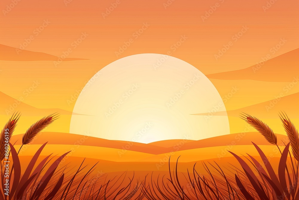 Beautiful illustration of the sun setting over a tranquil landscape with warm orange hues and silhouetted plants in the foreground. Beautiful illustration of the sun setting over a tranquil landscape with warm orange hues and silhouetted plants in the foreground.