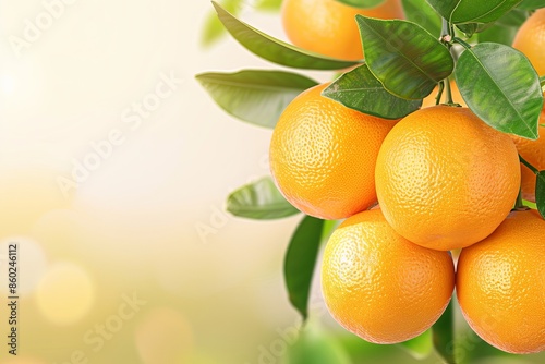 A vibrant cluster of ripe oranges hanging from a tree with lush green leaves, set against a soft, blurred background.
