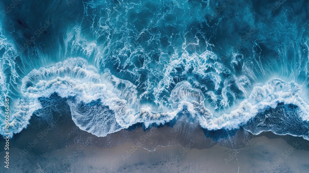 Aerial view of ocean waves crashing onto sandy shore Aerial view of ocean waves crashing onto sandy shore