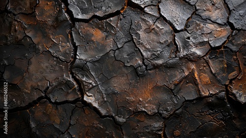 Textured surface of cracked, scorched earth with dark tones