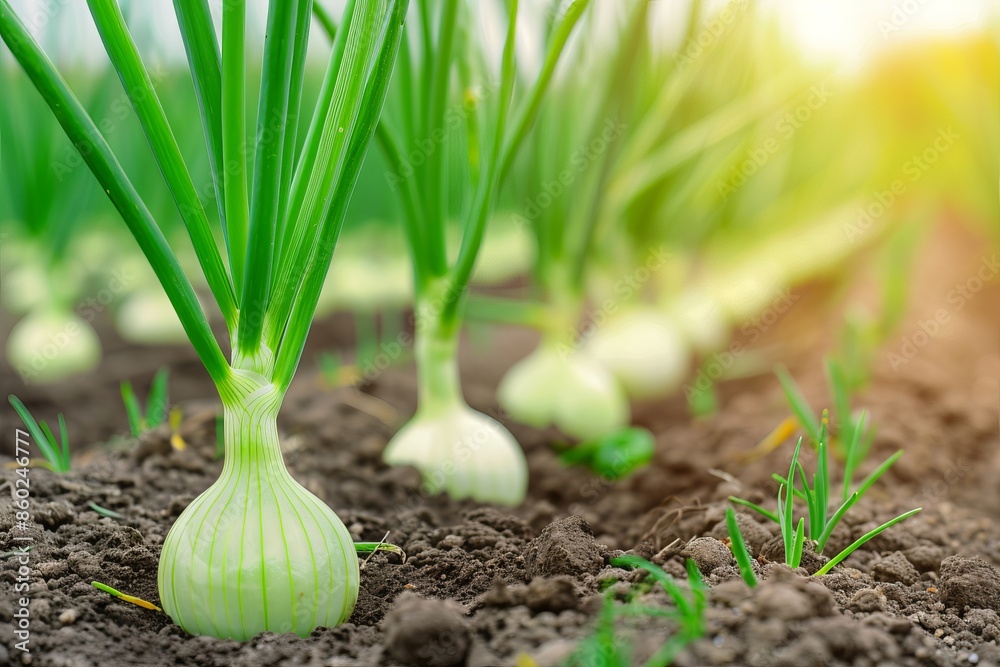 Obraz premium Close-up of fresh green onions growing in a row on fertile soil in a sunny vegetable garden, showcasing organic farming and agriculture.