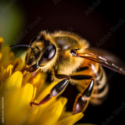 Bee on a yellow flower close-up macro photography. High quality photo © Iman
