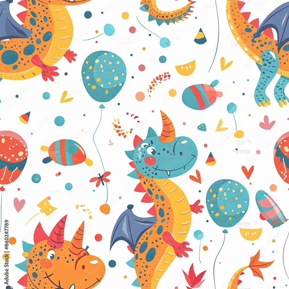 Obraz premium Cute Seamless Pattern with Dragon and Balloons