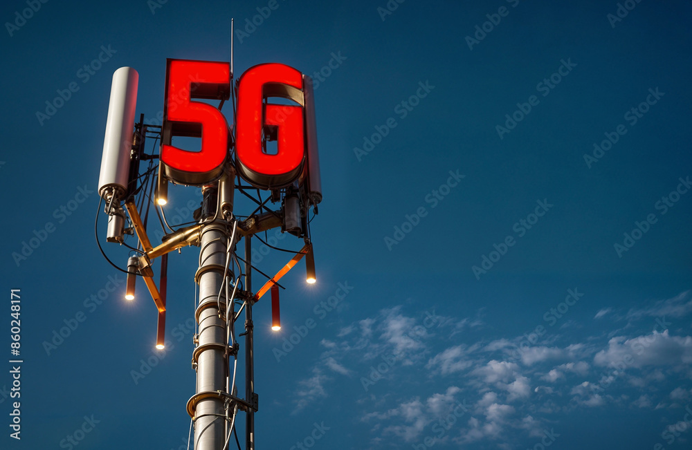 A 5G signal tower with the word text 5G attach to the 6g communication tower. A 5G signal tower with the word text 5G attach to the 6g communication tower.