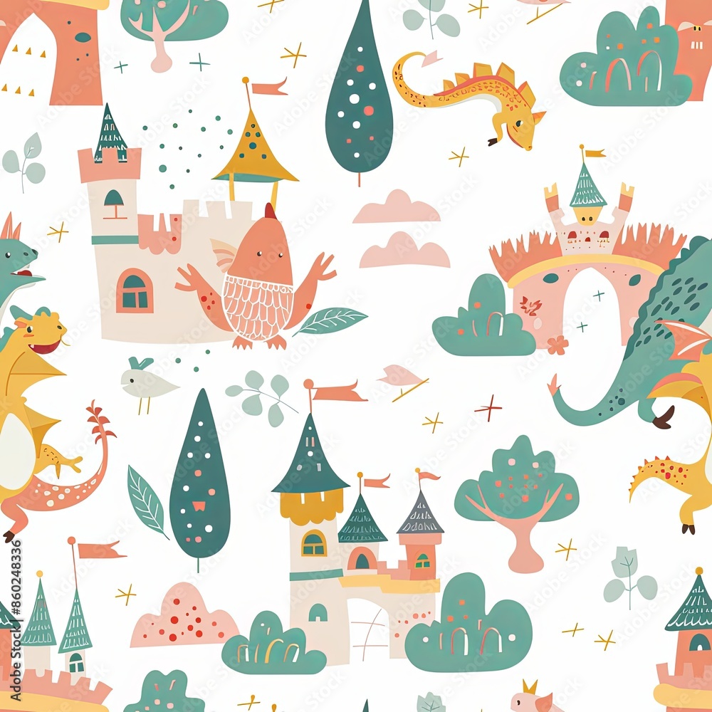 Cute Seamless Pattern with Dragon and Castle Cute Seamless Pattern with Dragon and Castle