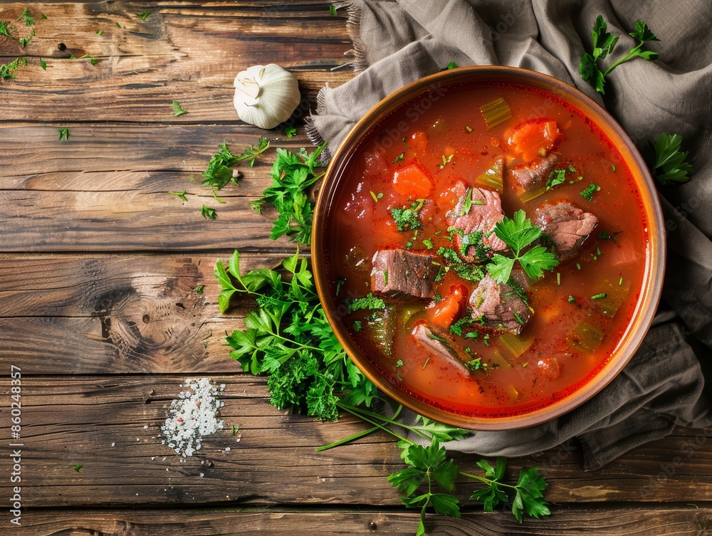 Hearty Beef Borscht on Wooden Table Setting Generative AI Hearty Beef Borscht on Wooden Table Setting Generative AI