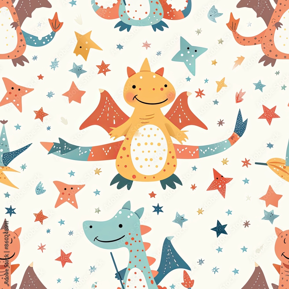 Obraz premium Cute Seamless Pattern with Dragon and Magic Wand