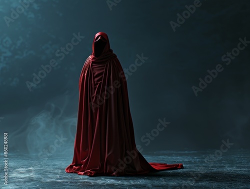 Medium shot of A dark faceless figure in a scarlet robe with hoodie walks along, themed background