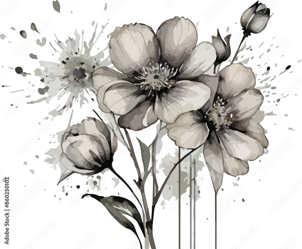 Obraz premium Watercolor flowers black line art splash. Floral illustration