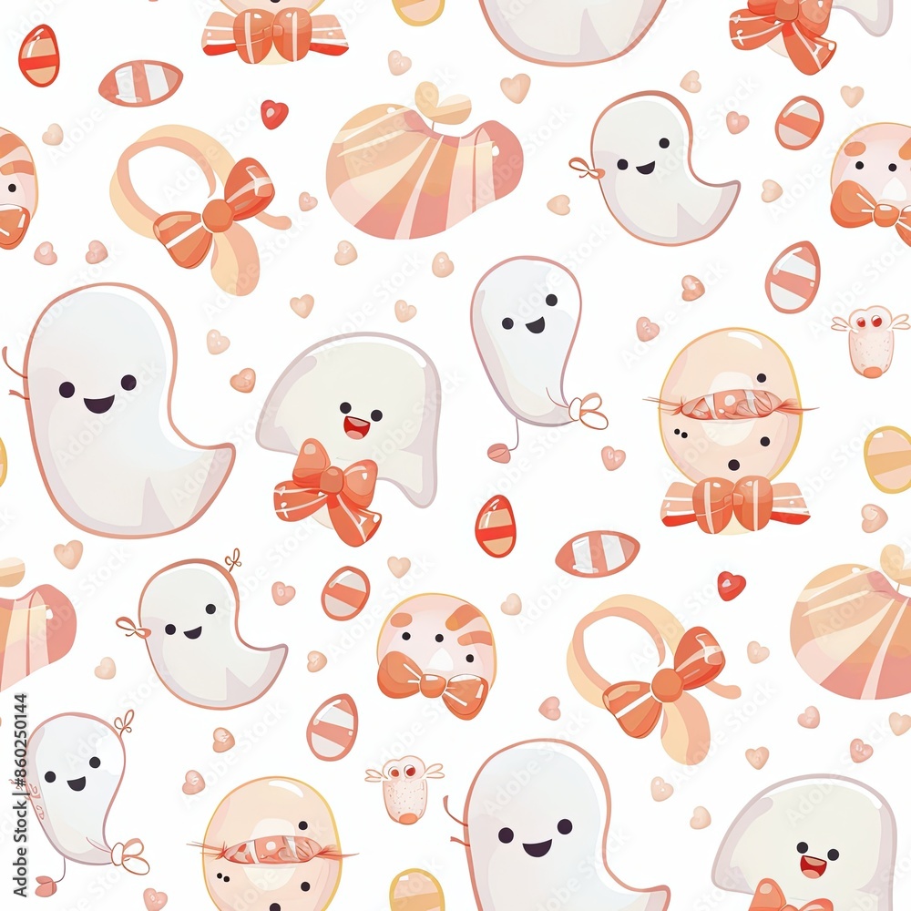 Fototapeta premium Cute Seamless Pattern with Ghosts, Bows, and Candy