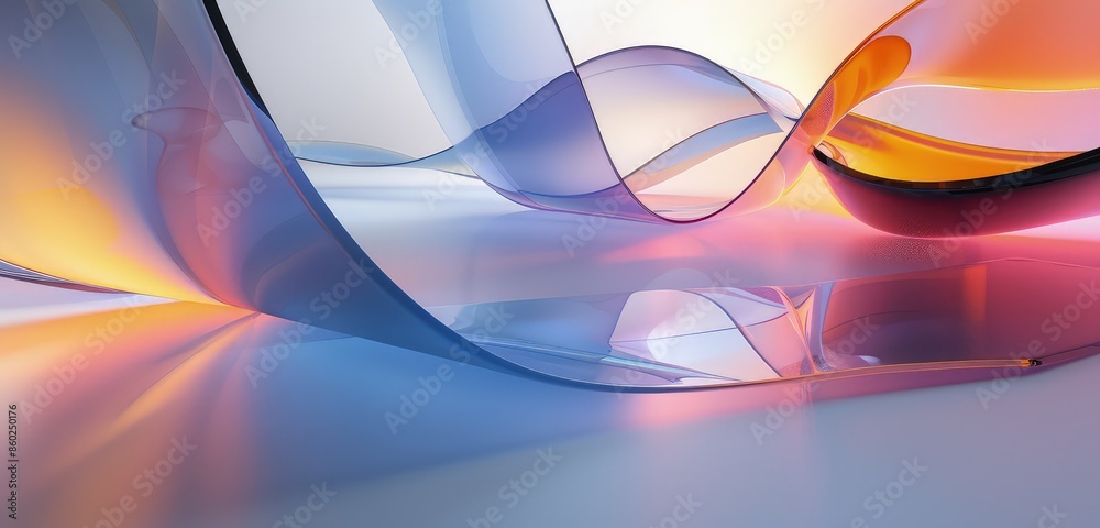 Naklejka premium A dynamic 3D rendering of gradient transparent curved glass, with smooth surfaces and vibrant color gradients interacting with light and shadow.