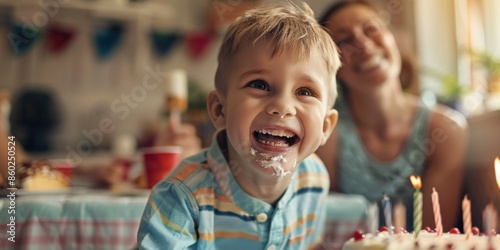A heartwarming portrait of a small boy, his face lit up with a beaming smile, joyfully celebrating his birthday surrounded by his loving family