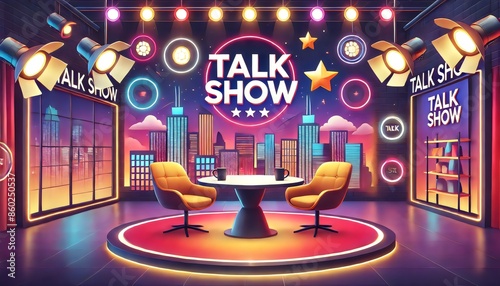 A vibrant illustration of a talk show stage, featuring two chairs and a round table in the center, set against a colorful backdrop with cityscape elements and illuminated signs