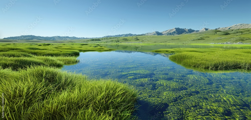 A dynamic 3D rendering of a green grassland with lakes, showcasing the vibrant green grass, clear water surfaces, and realistic reflections in a serene landscape. A dynamic 3D rendering of a green grassland with lakes, showcasing the vibrant green grass, clear water surfaces, and realistic reflections in a serene landscape.