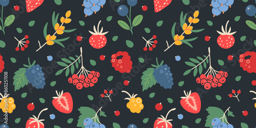 Seamless pattern berries like raspberry, strawberry, rowan, cloudberry, currant and blueberry. Trendy modern vector illustration on dark background, hand drawn, flat design