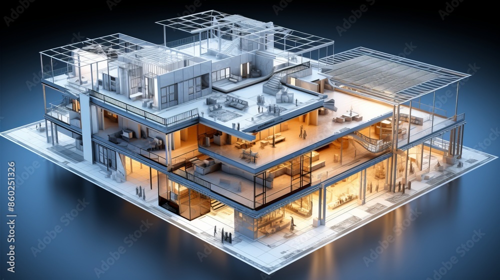 vision of architecture of a 3d model house project with blueprint vision of architecture of a 3d model house project with blueprint