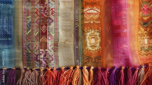 Wallpaper Mural Colorful woven textiles with intricate patterns and fringed edges displayed Torontodigital.ca