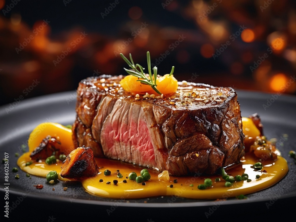Premium steak with side dish, cinematic food photography, studio lighting and studio background Premium steak with side dish, cinematic food photography, studio lighting and studio background
