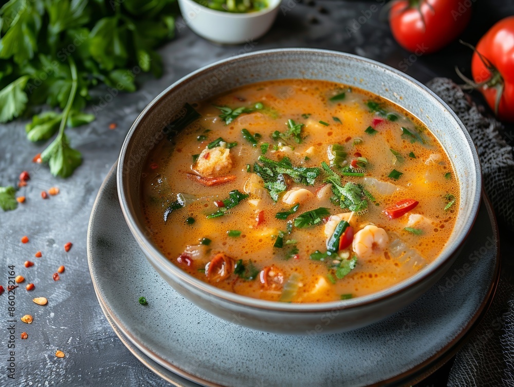 Delicious Tom Yum Soup on a Kitchen Table Generative AI Delicious Tom Yum Soup on a Kitchen Table Generative AI
